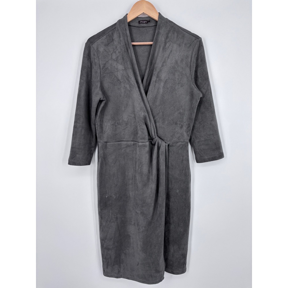 J.McLaughlin Faux Suede Wrap Front Sheath Dress Womens L Gray V-Neck Long Sleeve